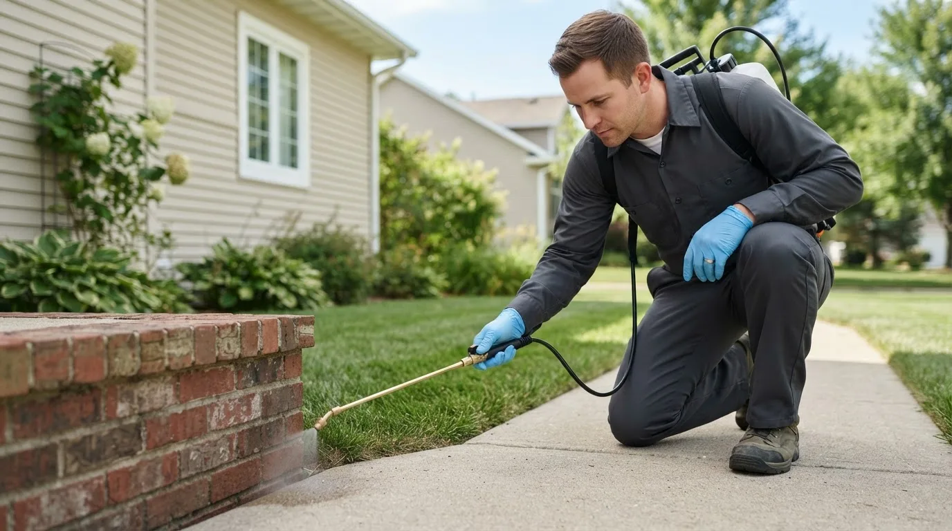 Pest control technician treating a home near Terrytown, NE