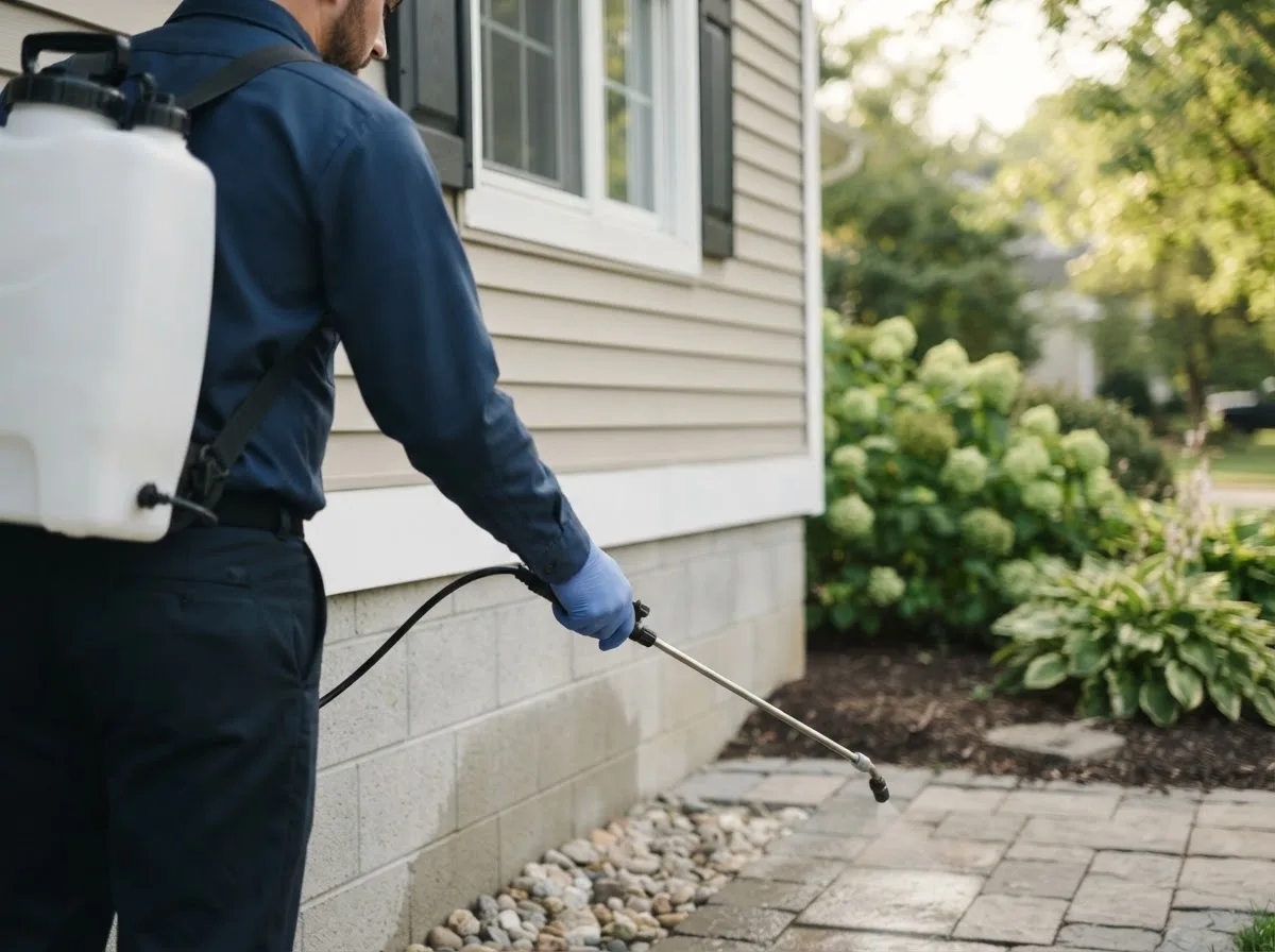 Pest control technician inspecting a home in Terrytown, NE